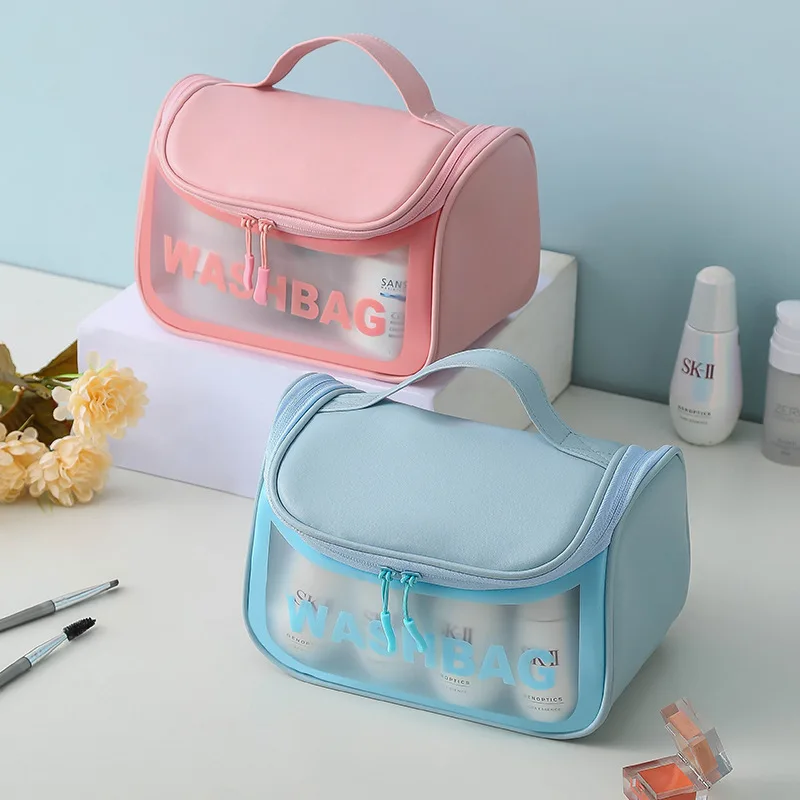 Large Capacity Portable Cosmetic Bag Simple Hanging Travel Storage Skin Care Products PVC Leather Polyester Fabric Bathroom Use