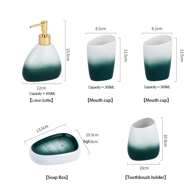 6Pcs Luxury Nordic Green White Ceramic Tray Lotion Pump Bottle Soap Dish Toothbrush Holder Tumbler Bathroom Accessories Set