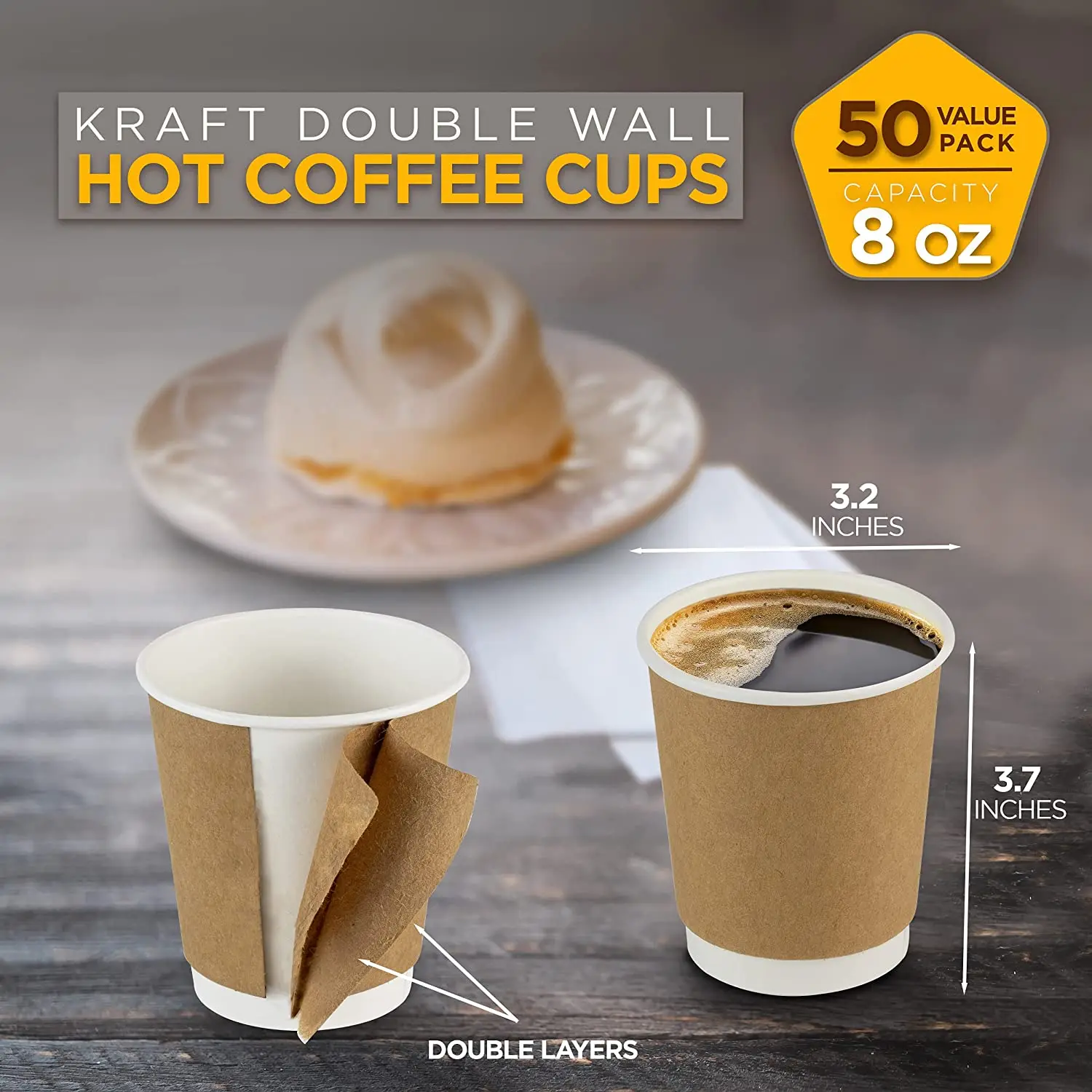 8oz 12oz 16oz Custom Logo Kraft paper Disposable Double Wall  Coffee recyclable cups Coffee Cups with Lids For Shop Party