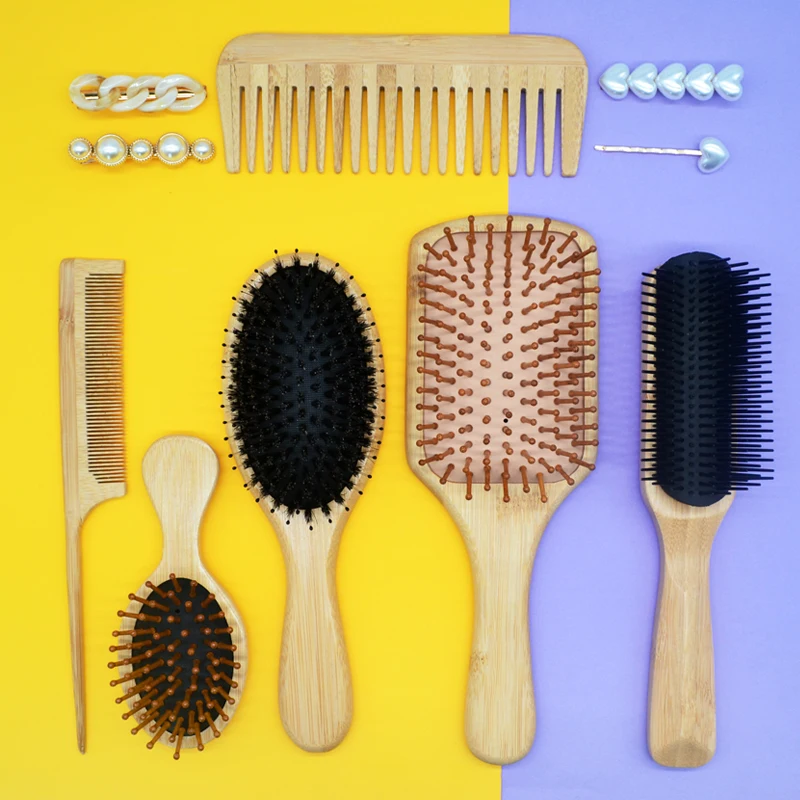 Custom logo brush and wide tooth comb set boar bristles paddle bamboo hair brush for Men and Women curly thick hair