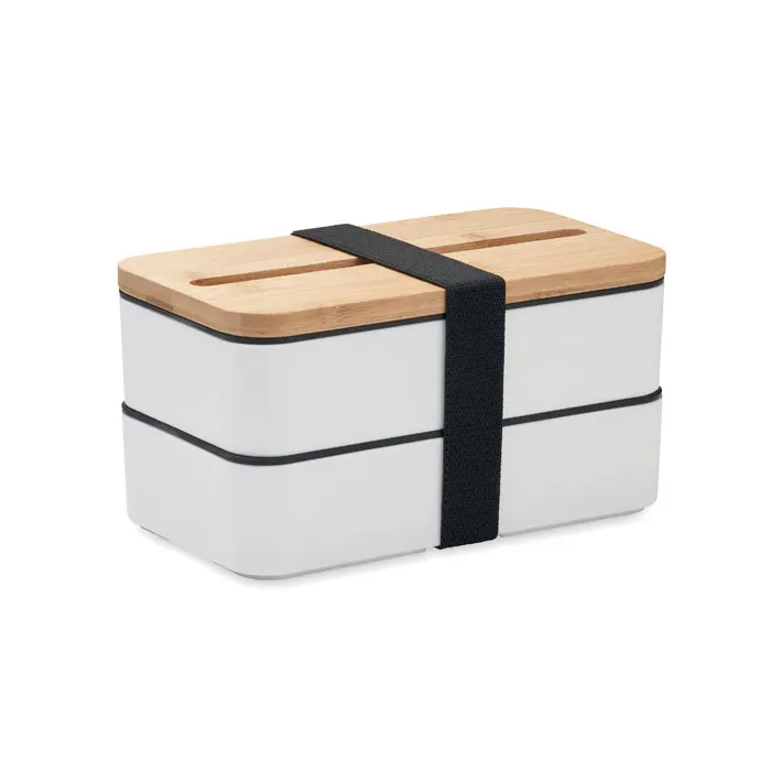 Eco Friendly Reusable Double Layer Thermal Bamboo Lid Food Container Bento Lunch Box With Phone Holder