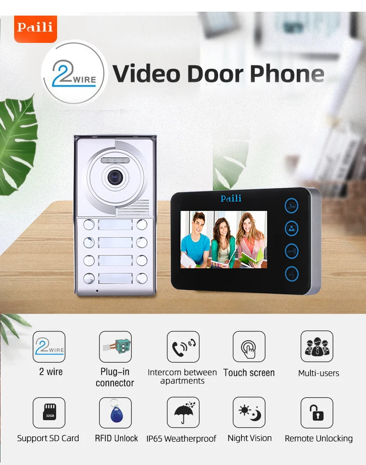 Door Access Control 7'Inch 2 Wired Video Door Phone System Visual Video Intercom Doorbell Camera Kit Support Unlock
