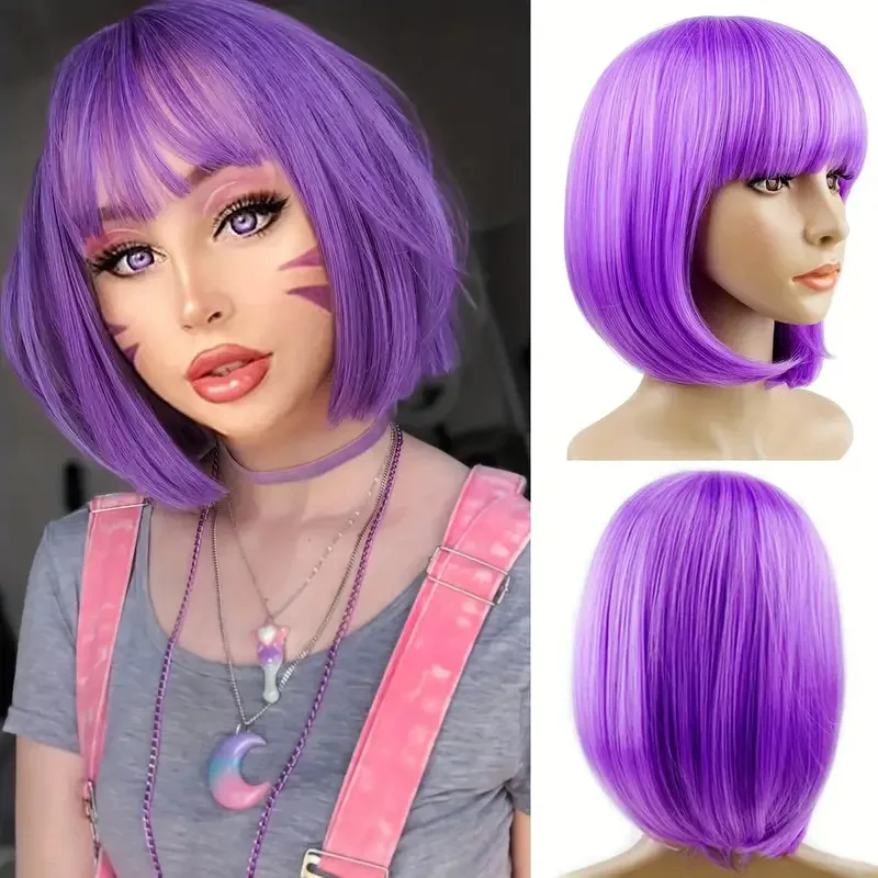 Short Bob Wig With Bangs 12 Inch Straight Bob Synthetic Wigs Colorful Wigs For Cosplay Party Daily Use