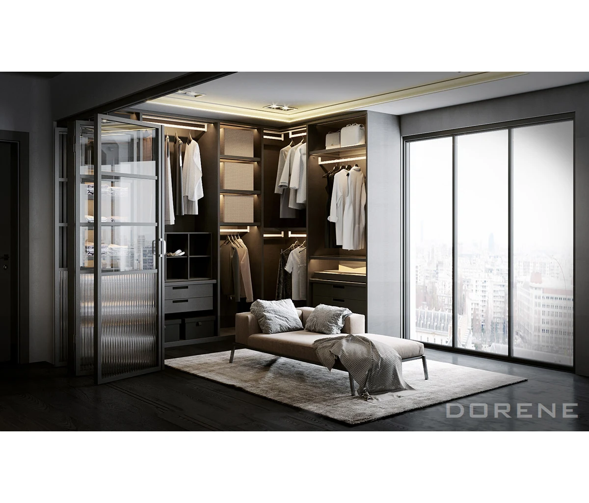 2024 Dorene Modular Custom Design Modern Bedroom Closet  Melamine Wardrobe Walk In Closet With LED Light
