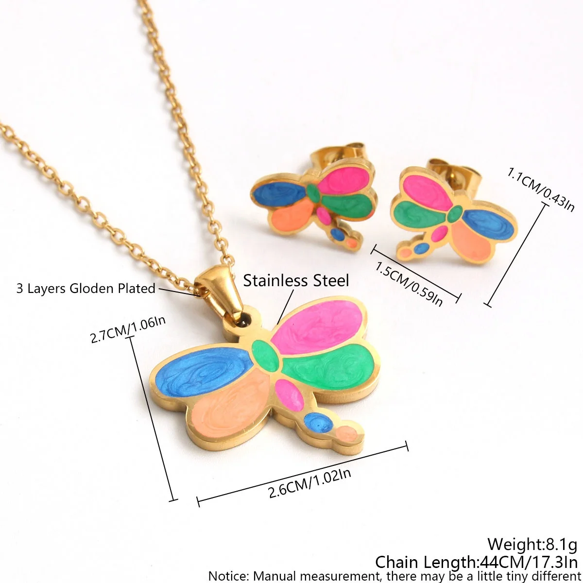 Children kids little young girls jewelry set 18k gold plated animal unicorn insect dragonfly ladybug necklace earrings set