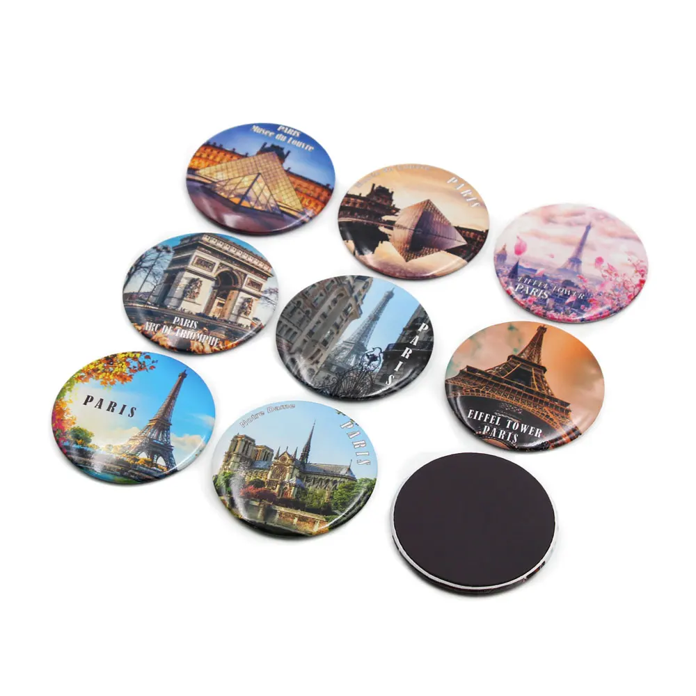 Wholesale Low MOQ 58mm Round Shape Country France Paris City Eiffel Tower Souvenir Gift Fridge Magnet
