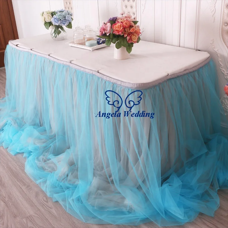 CL072Q fancy factory fast shipping Christmas different dark green ruffled turquoise chiffon and tulle wedding bridal table skirt