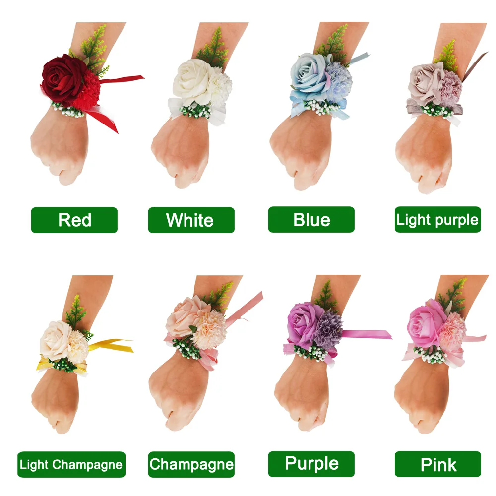 Wedding Prom Corsage and Boutonniere Set, Rose Wrist Corsage Ribbon Bracelet, Artificial Flower Wedding Accessories