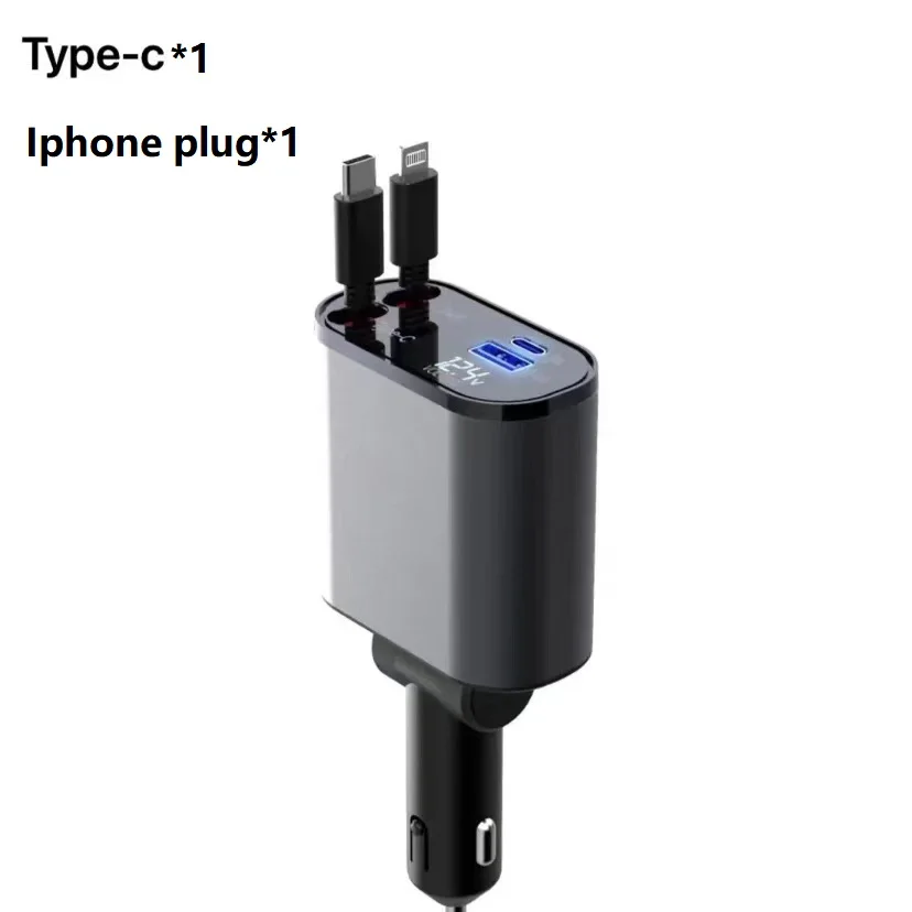 Быстрое выдвижное автомобильное зарядное устройство USB C Быстрая зарядка 60 Вт 2 Выдвижных кабеля и
