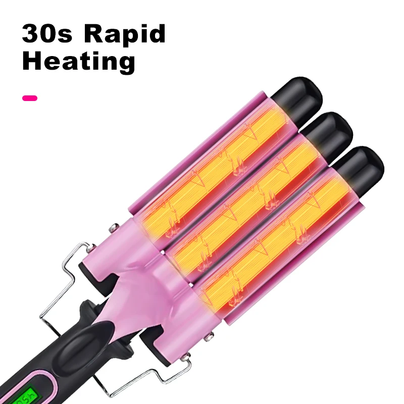 KooFex LCD Display Fast Heating Ceramic Hair Curler 450F Three Barrels Hair Curling Iron