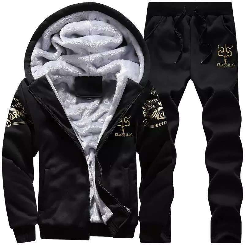 Cheap OEM Wholesale High quality Sports tracksuit Men Thicken Fleece 2 Piece Plain Hoodie Men Zipper Tracksuit Set