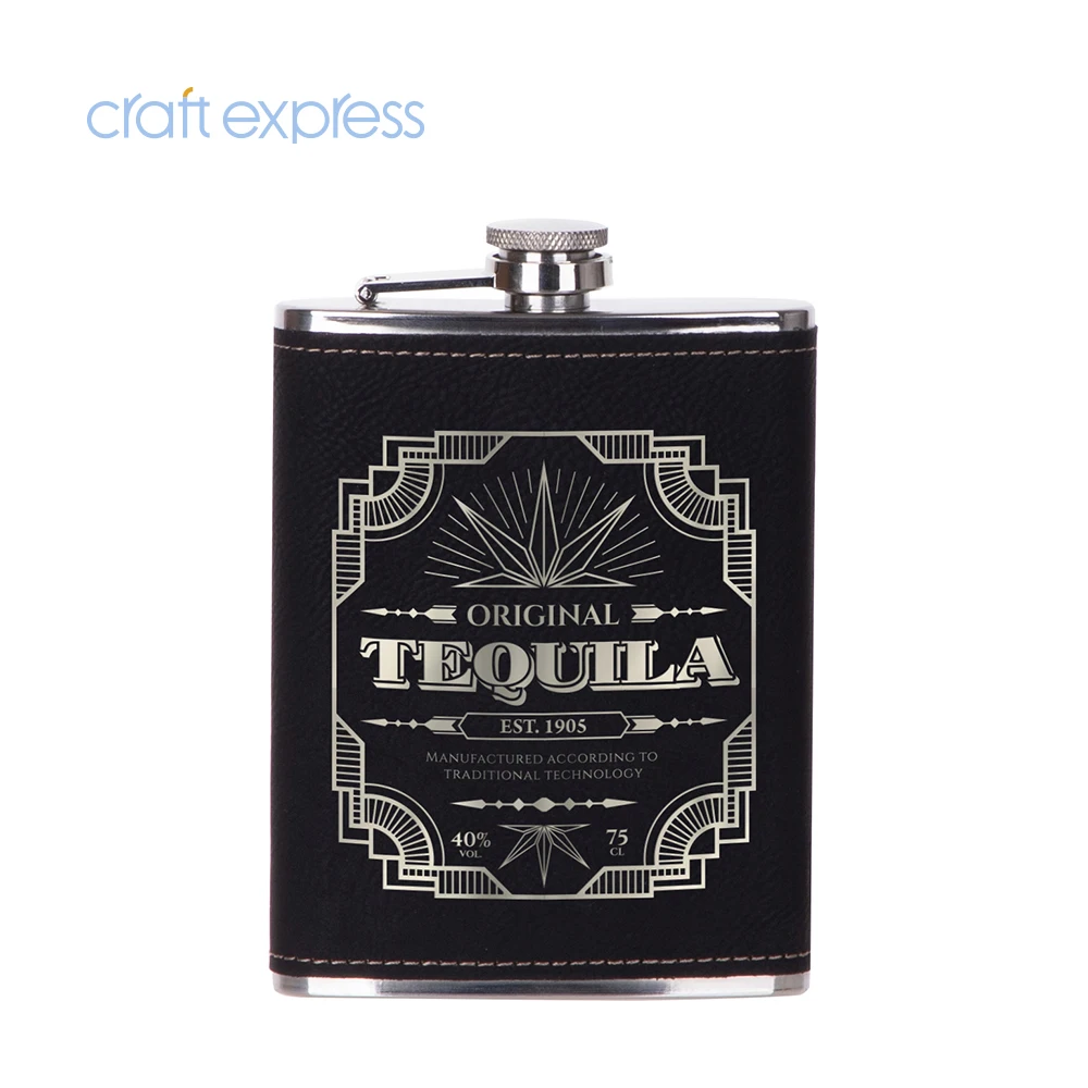 Craft Express Wholesale Perfectly Featuring Fine-Quality 8Oz Laser Engraving Stainless Steel 304 Hip Flask With PU Black Cover