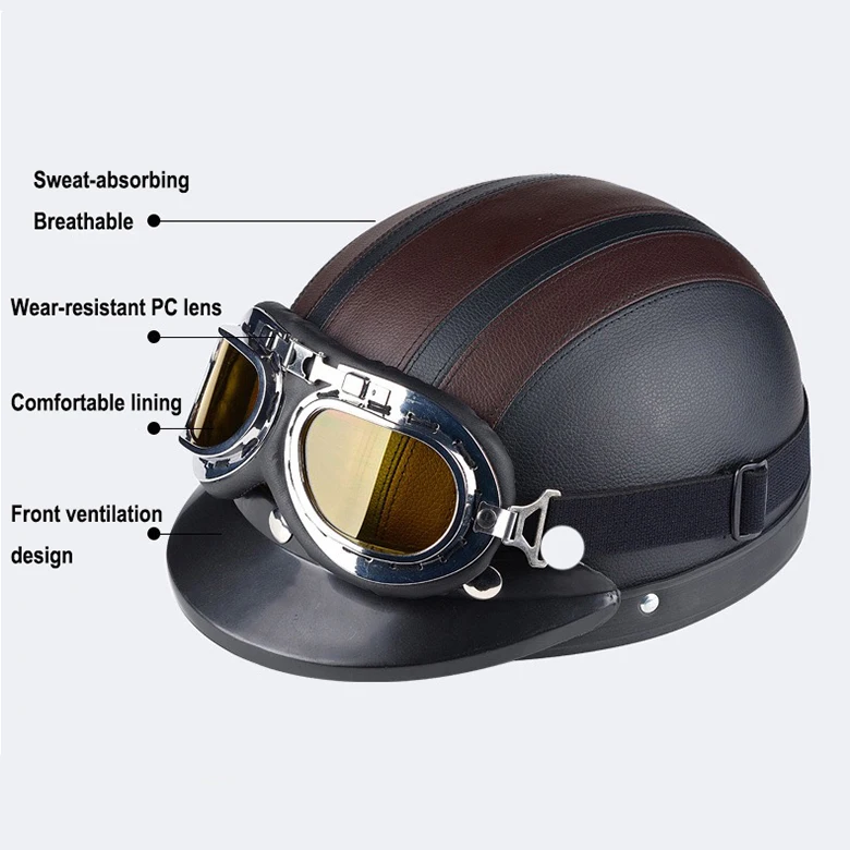 High quality ABS & PU Leather Motorcycle Open Half Face Helmets with Ski Snowboard Glasses