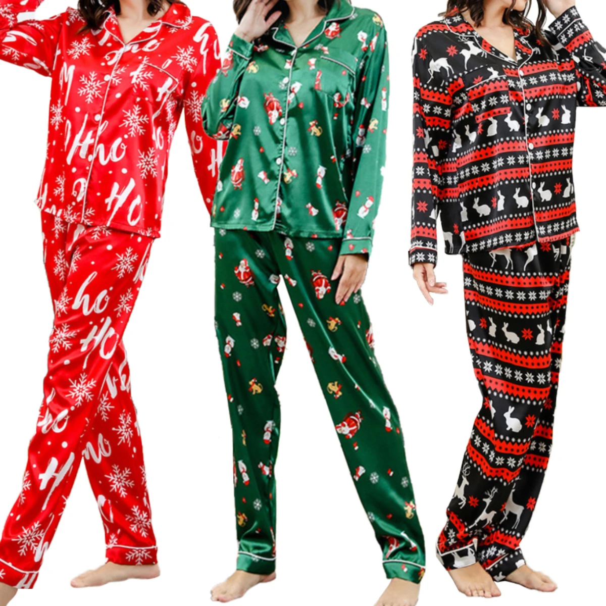 Custom Christmas Matching Parent-child Home Clothes Plaid Stitching Printing Kids Family Satin Silk Christmas Pajamas Suit