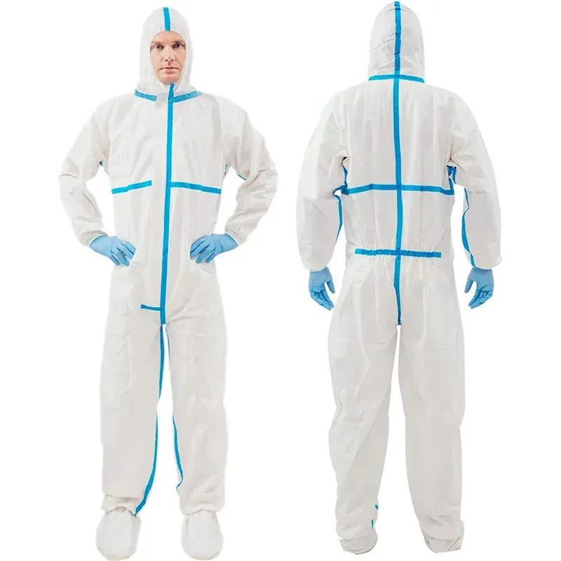 White Sms Coveral with Hood Medical Microporous Disposable Coverall Chemical Non Woven Protective Full Body Disposable PE Blue