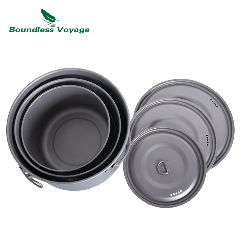 Титановый горшок Boundless Voyage набор 1300/1950/ 2900 мл подвесной с крышкой для кемпинга на открытом воздухе Складная ручка большая емкость