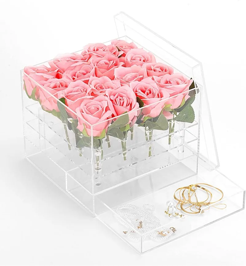 Luxury Clear Flower Acrylic Rose Box with Drawer Transparent Acryl Flower Box Round Crystal Acrylic Flower Box 9 Holes