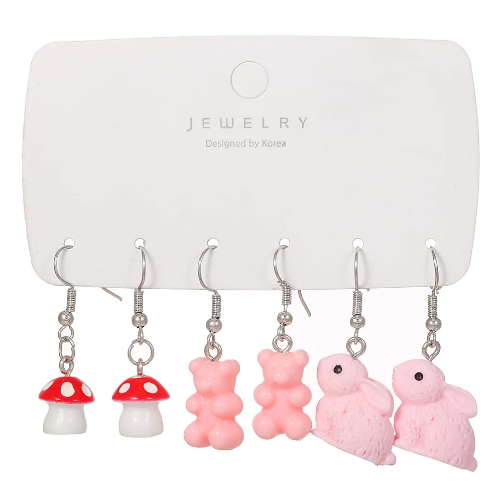 3piar/set Fashion Creative Pink Resin Hook Earrings for Girl Cute Duck Rabbit Mushroom Transparent Bear Earring Gift