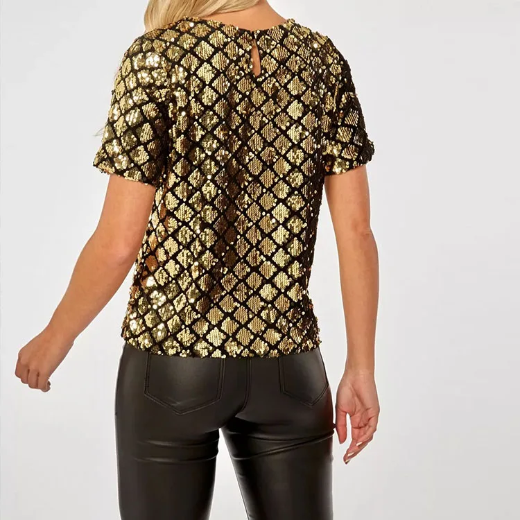 Custom Womens Gold And Black Diamond Sequin Top Women Short Sleeve Round Neck Clothing Women Blouse