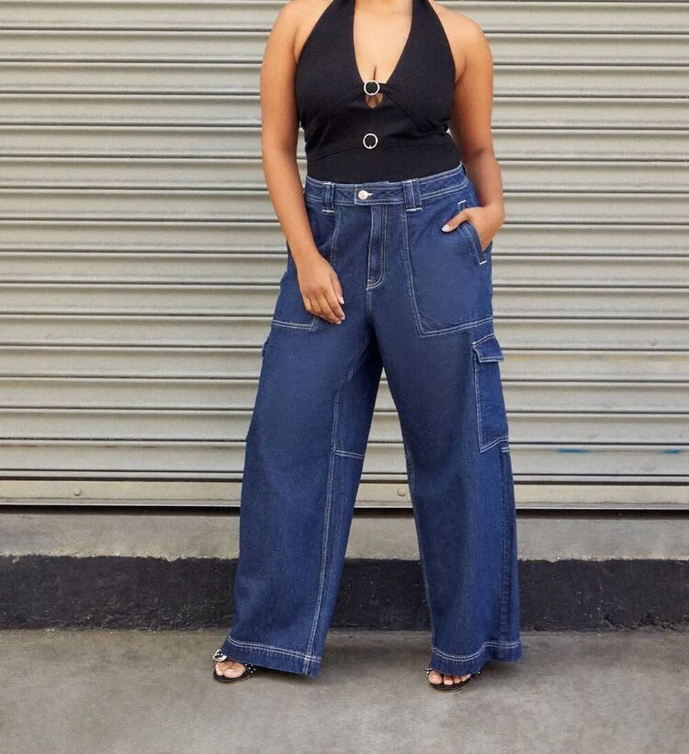 Plus Size Wide-Leg Cargo Jeans for Women - High Waist  Oversized Pants with Pockets Casual Loose-Fit Denim for All Body Types
