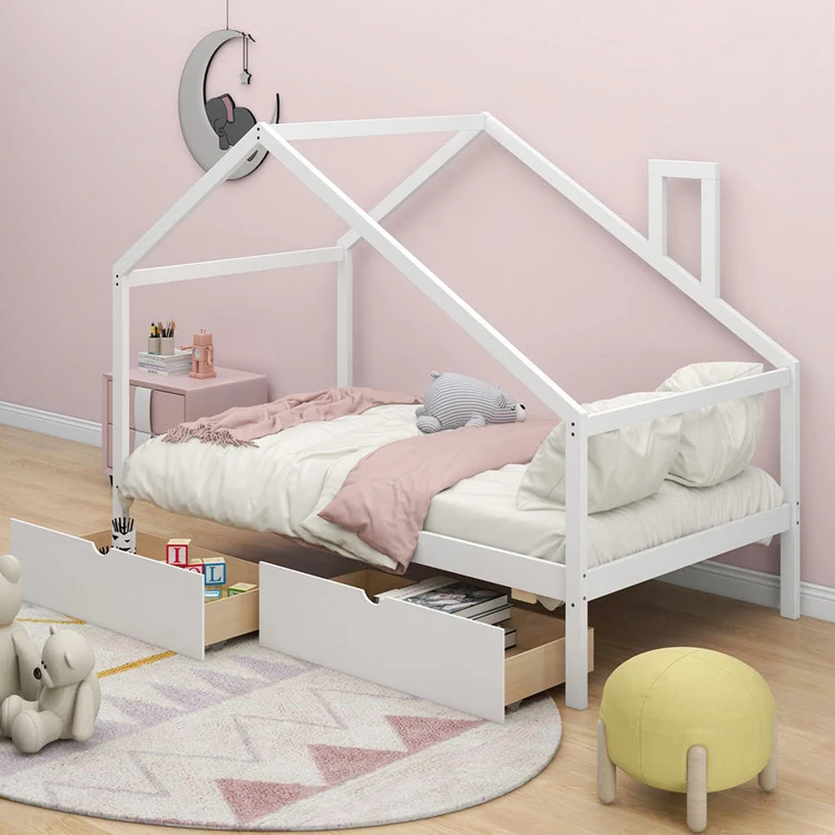 Bedroom House Roof Shape Wooden Frame Kids Boys Girls Teens Toddler Children Daybed Montessori Floor Bed with Drawers