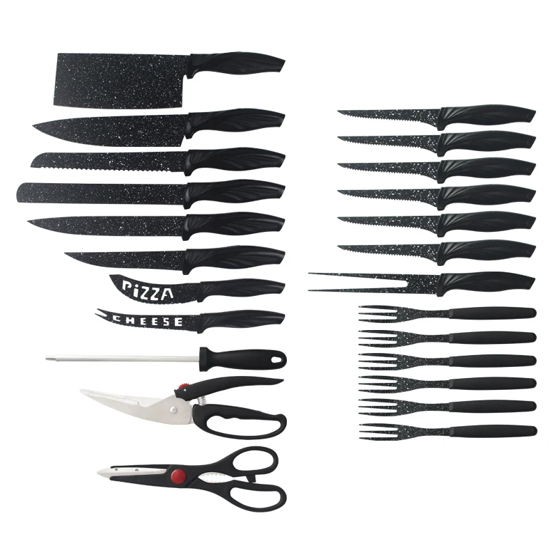 
2021 Amazon hot sale Coating stainless Steel 24pcs kitchen Knife set included steak knife pizza knife kitchen shears and forks 