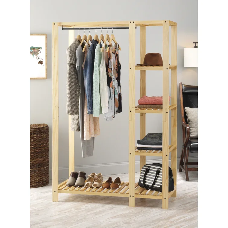 Modern Wooden Open Bedroom Closet Modern Storage Cloth Cabinet Armoire Wardrobe with Partitions, Clothes Rail and shoe rack