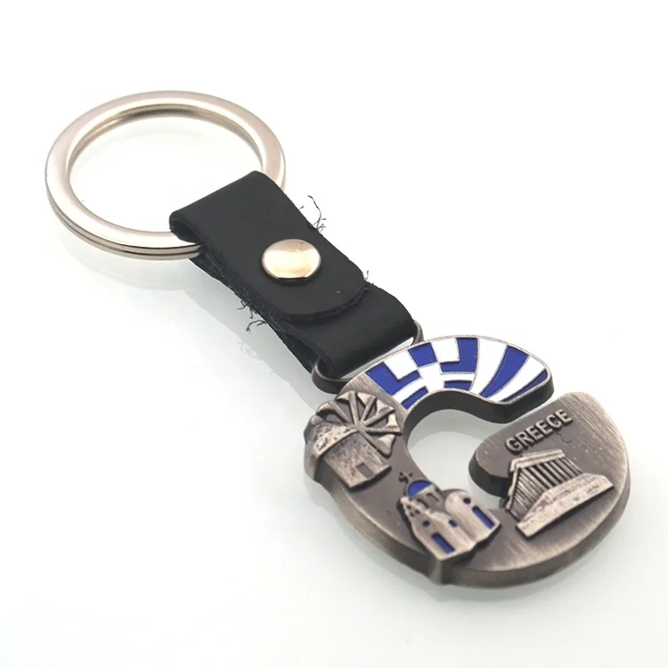 Antique Plating Metal and Leather Greece Flag Souvenirs  gift Keychain