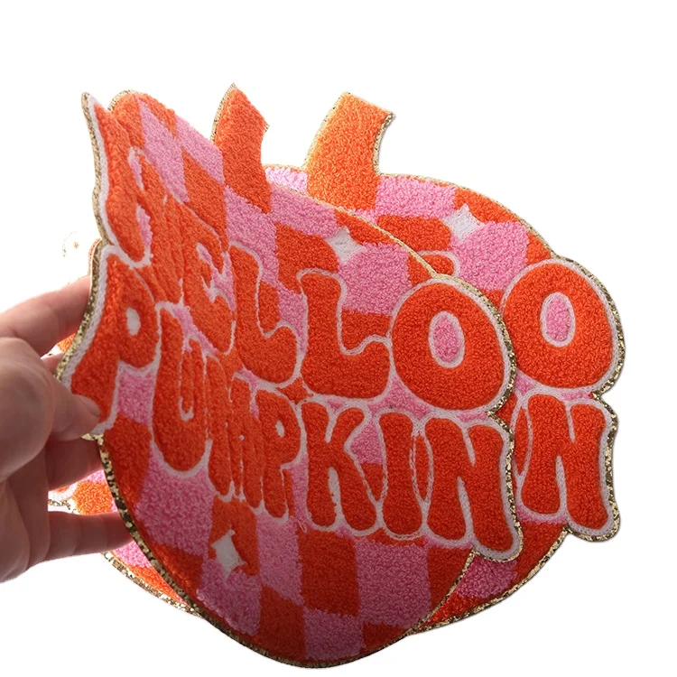 Custom large chenille patches low MOQ Halloween big iron on gold glitter orange checked Hello pumpkin chenille patches for women