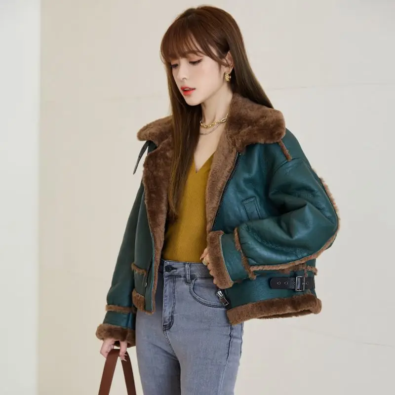 Wholesale fur coats with sleeves with Fox Collar woman leather coat fur coat bomber jackets woman fur jacket