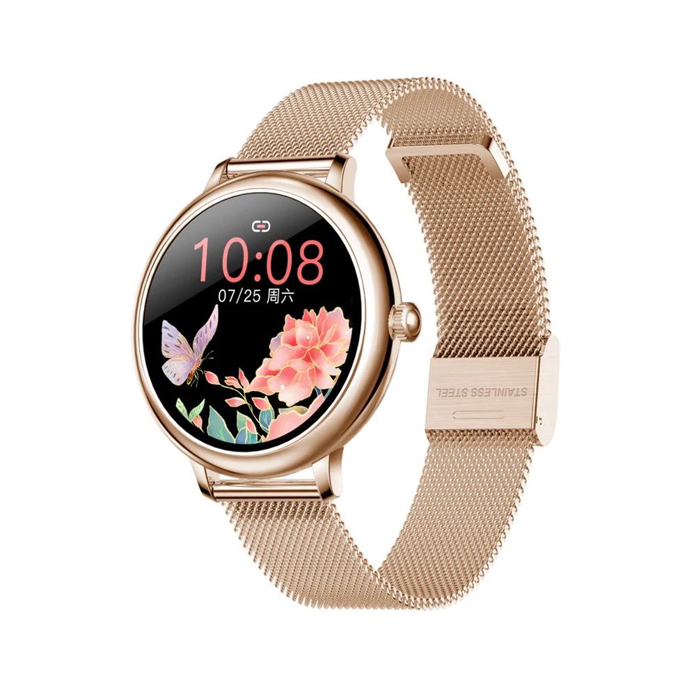 Fashion Lady Watch W30 with Stainless Steel Strap IP67 Waterproof Heart Rate Blood Pressure Message Pedometer Calorie Smartwatch