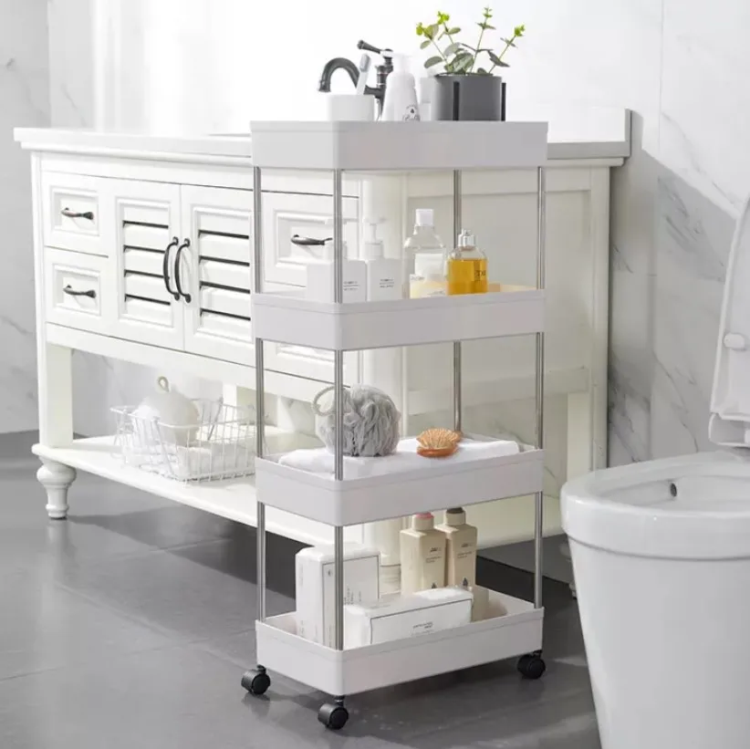 Plastic Removable Bathroom Kitchen Storage Rack with Hook multi-Tier Plastic Storage Shelf Rack with moving wheels