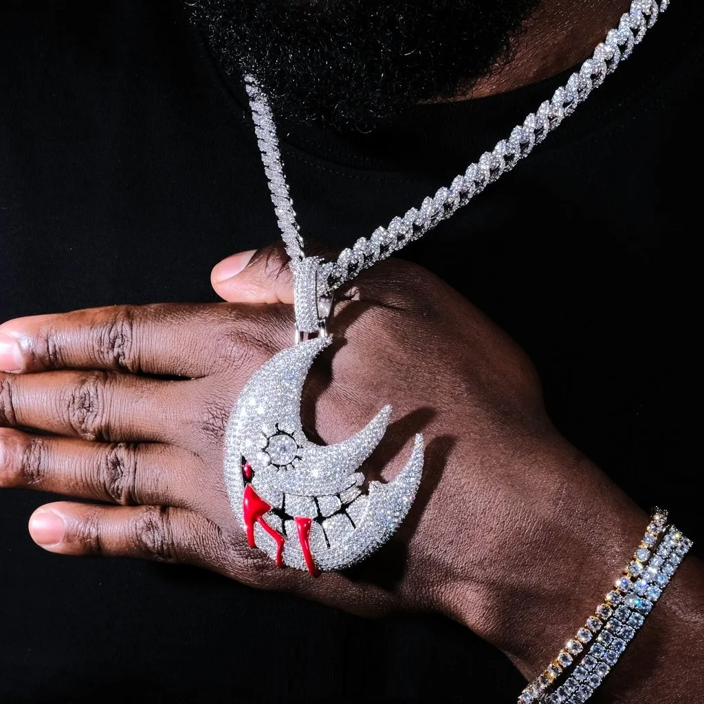 2021 Funny Clown Smiling Halloween Necklaces Full Diamond Moon Pendant Copper Necklace Men Jewelry