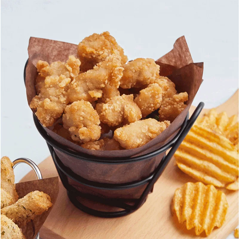 Display Rack Wire French Fries Stand Cone Basket Fry Holder with Sauce Dippers for Kitchen