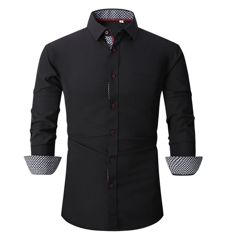 Ready to Ship wholesale Hot Sale Mens long sleeve business plaid shirt polyester stretch plus size solid color dress shirt