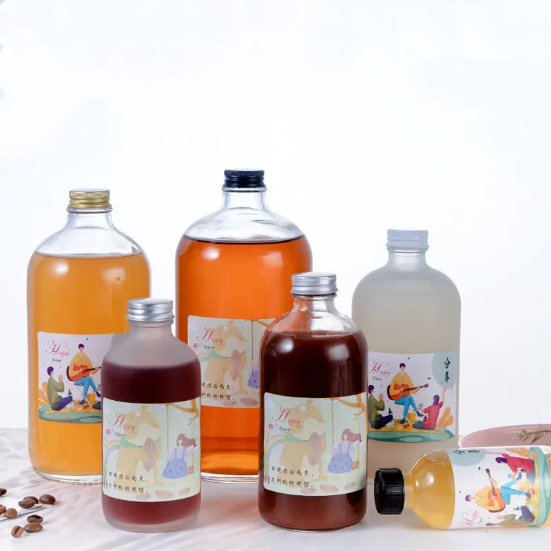 100ml 250ml 350ml 500ml 750ml 1000ml Empty Clear Frosted Boston Round Tea Juice Beverage Glass Kombucha Bottle With Metal Cap