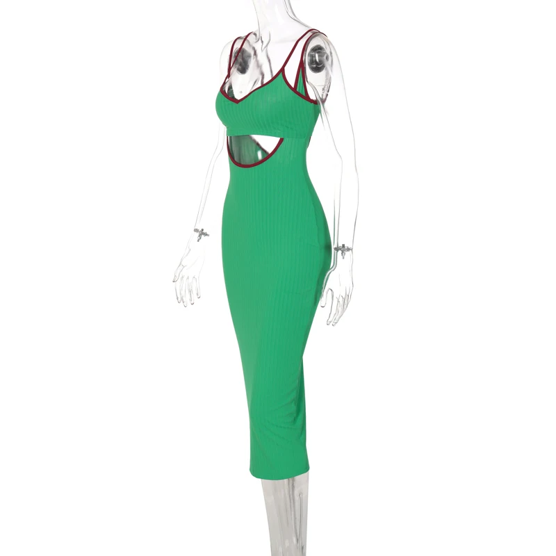 Lagerfe D1C7572G Green Stripe Knitted Hollow Out Strap Midi Dress Bodycon Sexy Party Club Festival 2022 Summer Casual Clothes