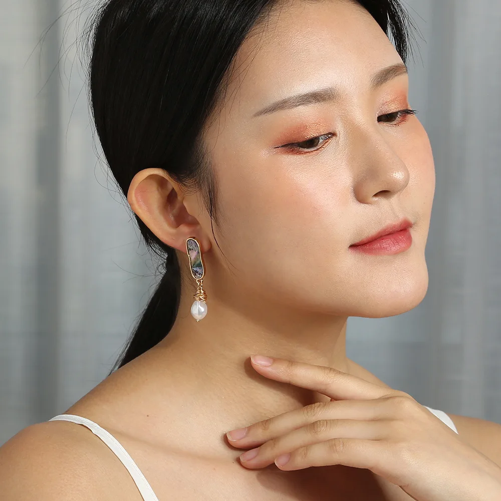 Cross-border E-commerce Products Natural Abalone Stud Earrings Original Handmade Wrapped Pearl Earrings
