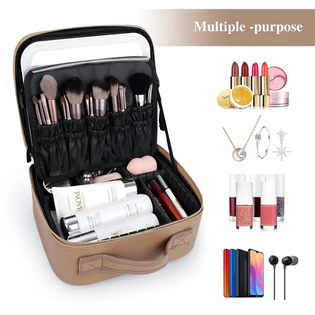 Multifunctional Pu Leather Cosmetic Case Travel Makeup Storage Box Led Cosmetic Bags