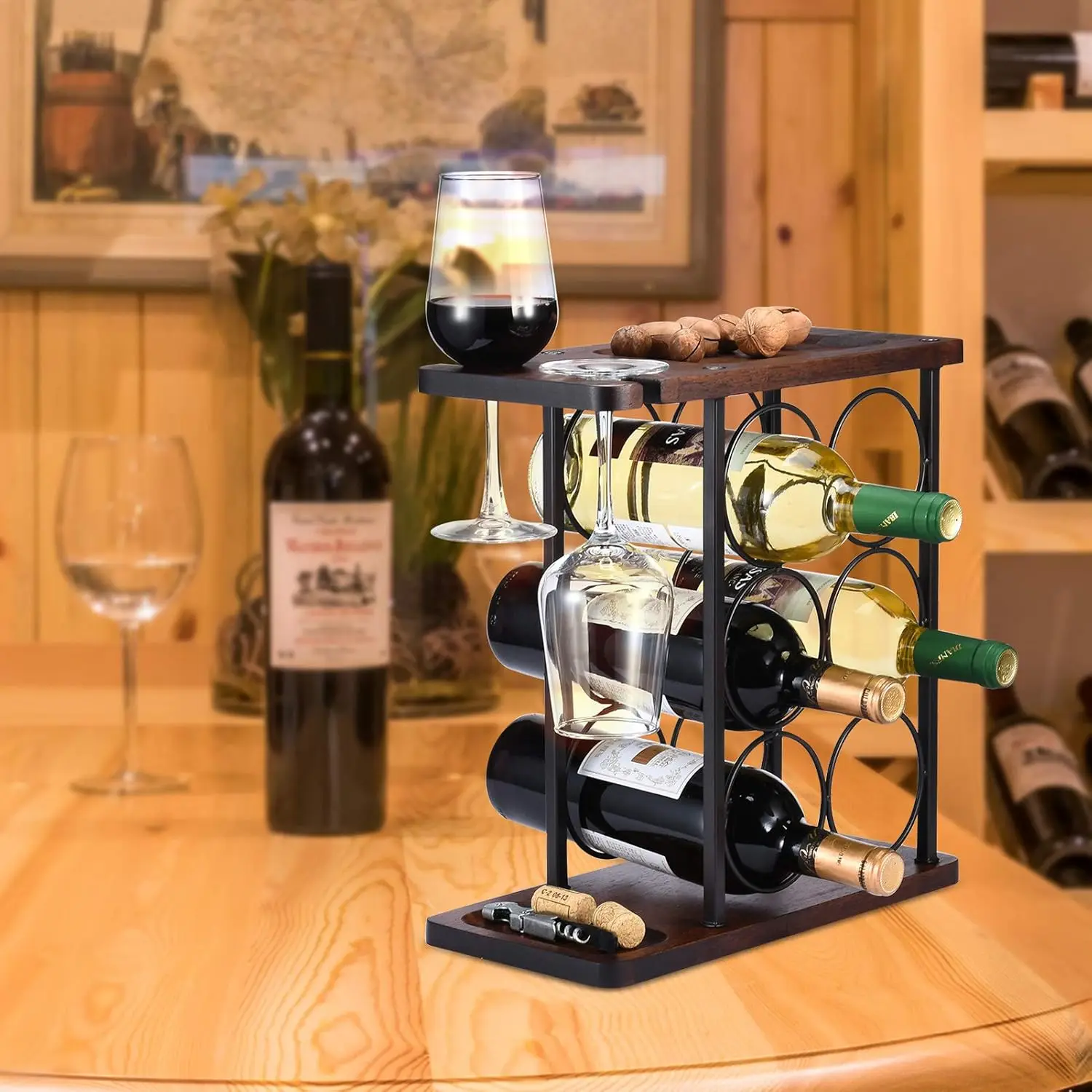 Countertop Wooden Wine Rack with Glass Holder Tray for Home Decor Kitchen Storage Party Durable PC Material Easy Carton Packed