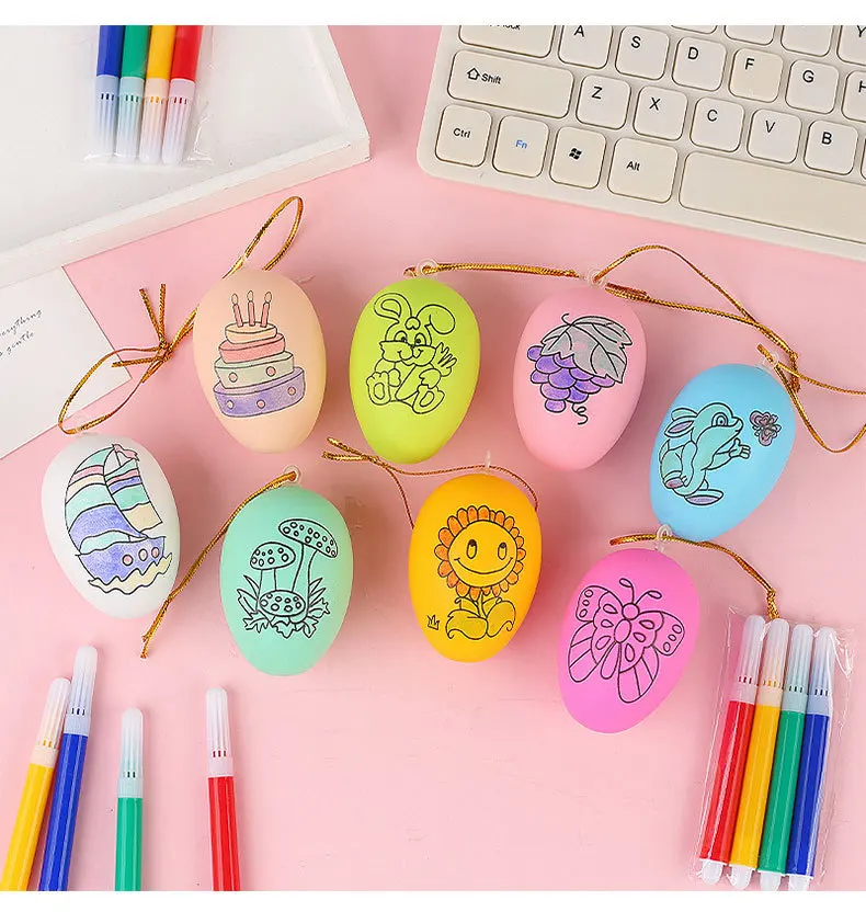 Easter Eggs Ornaments Bulk Decoration For Craft White Hanging Plastic Artificial Eggs With Rope For Tree Diy Painting Decorating