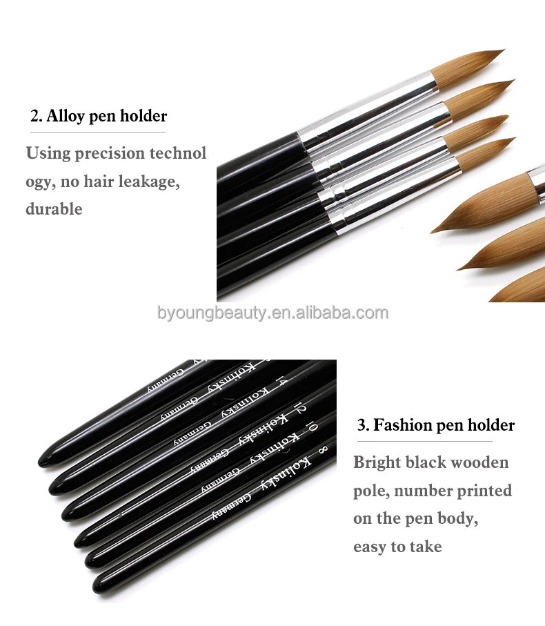 High quality acrylic nail brushes pure kolinsky size 16 size 20 crimped kolinsky nail brush manufacturers