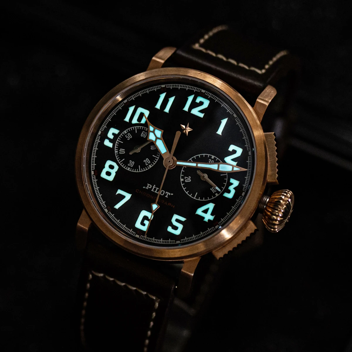 RTS custom logo chronograph sapphire 10atm bgw9 st1901 handing winding mechanical movement cusn8 bronze pilot watch for sale