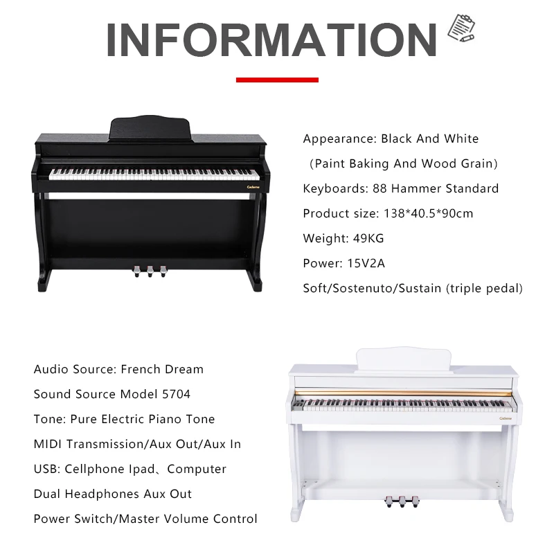 White Color High Quality 88 Keys Keyboard Electronics Digital Upright Piano