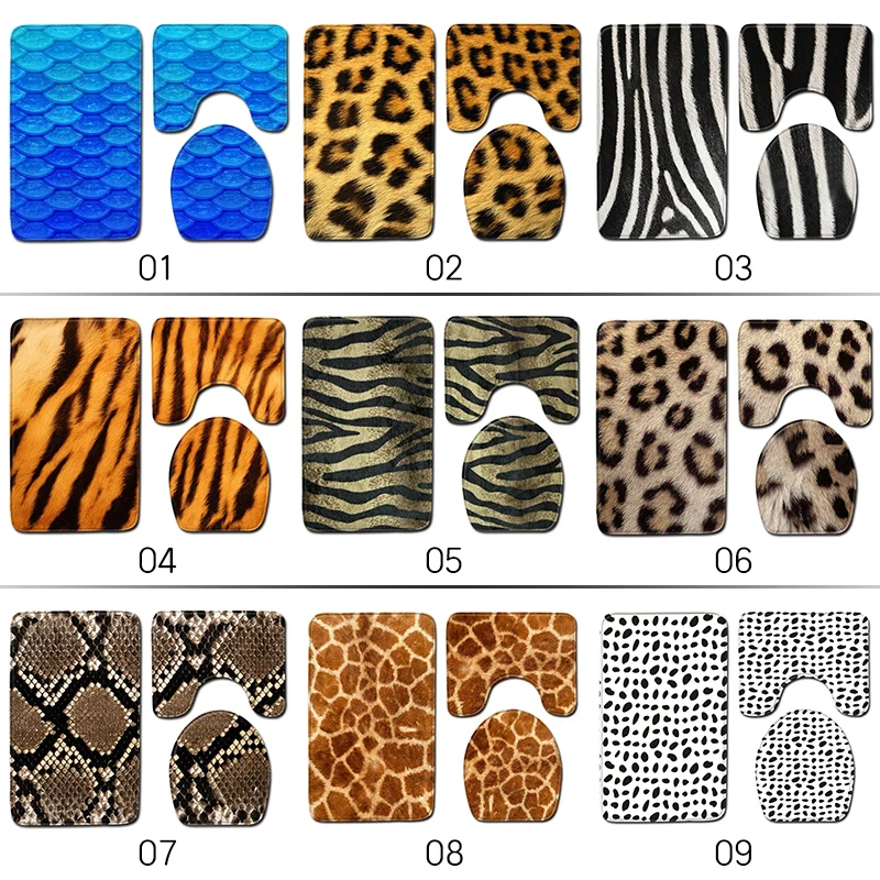 3pcs Animal Tiger Leopard Pattern Toilet Seat Cover Rugs Bathroom Non-slip Bath Mats Fashion Zebra Printing Flannel Carpet