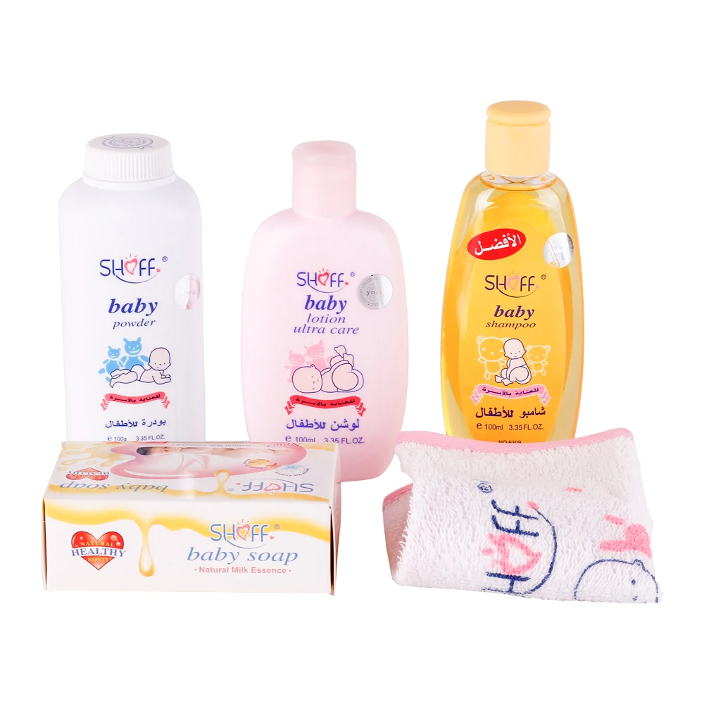 SHOFF baby shower gifts set 5pcs with baby soap bib shampoo lotion for baby skin care.