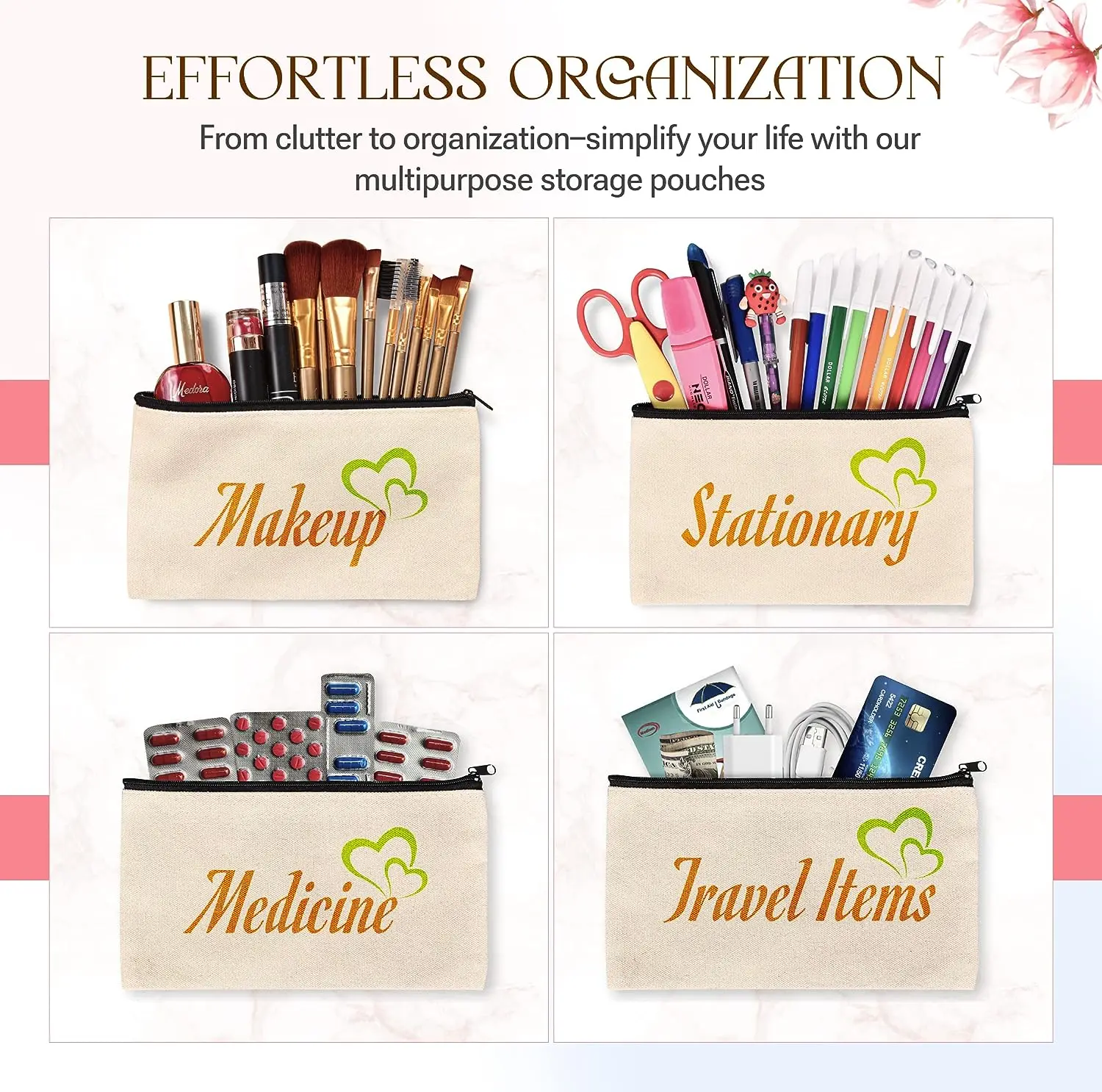 Multi-Purpose Blank Canvas DIY Craft Pouches - Cotton Invoice Bill Zipper Bag Cosmetic & Makeup Bags