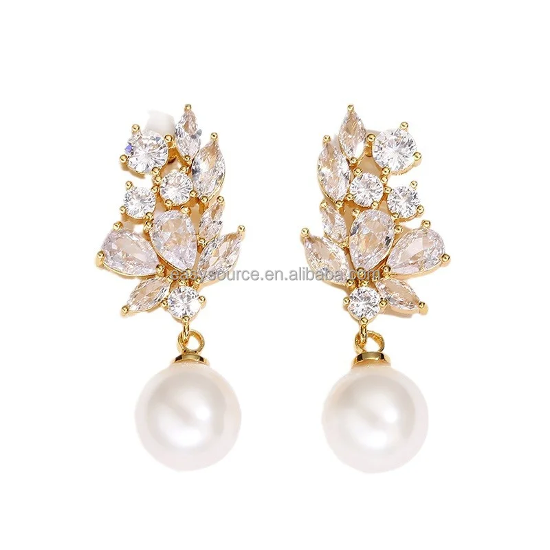 RE6132 Women zircon Pearls Earring CZ Drop Earrings Wedding Jewelry