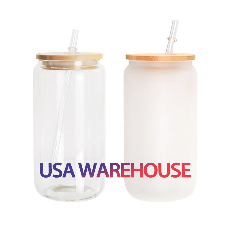 USA Warehouse 16oz Clear Frosted Sublimation Blanks Glass Mason Jar Beer Can Glass jar Cup With Bamboo Lid