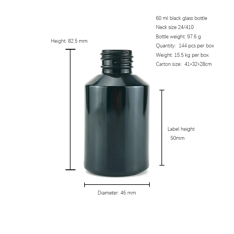 sloping shoulder black glass bottle 60 ml black glass container 2 oz cosmetic bottle with bamboo closure for cosmetic packaging